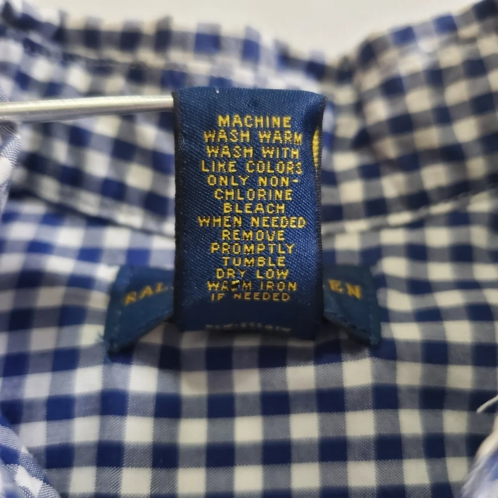 K1414 * Ralph Lauren Boys Gingham Check Button Down Shirt Blue White Size 3T